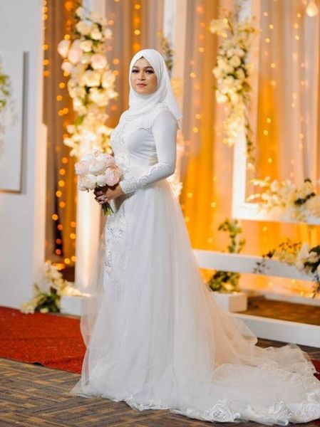 Modest musulmán Hijab sirena vestidos de novia de manga larga vestidos de novia cuello alto apliques patrón encaje Vintage Arbaic vestido de novia