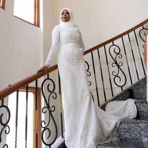 Robes De Mariée Sirène Musulmane Modeste Robes De Mariée Manches Longues Avec Des Appliques De Dentelle Mince Personnalisé Moyen-Orient Robe De Mariage Personnalisée