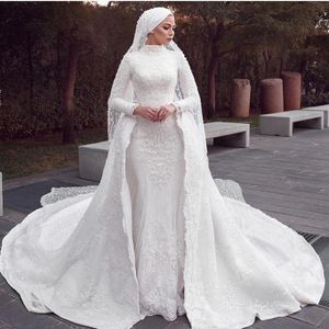 Robes de mariée sirène modestes musulmanes avec train détachable Appliques en dentelle Overskirt Robes de mariée Hijab Court Train Robes Vintage 321E