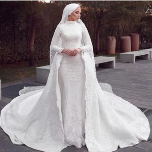 Robes de mariée sirène modestes musulmanes avec train détachable Appliques en dentelle Overskirt Robes de mariée Hijab Court Train Robes Vintage 287e