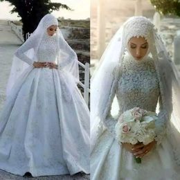 Bescheiden moslim trouwjurk lange mouwen 2023 kanten toegewezen kralen hoge nek islamitisch Arabisch Dubai satijnen bruids baljurk vestidos de novia