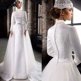 Robe de mari￩e musulmane modeste avec jupe d￩tachable Manches longues High Neck A-Line Satin Bridal Lace Appliques 2023 Arabe Duba￯ Islamic Robe de Mariee