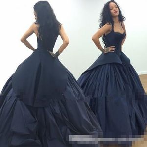 Modest Navy 2019 Blue Ball Ball Vestidos de fiesta con correas Tafetas Ruchadas de talla grande Partido de fiesta formal hecho a medida S