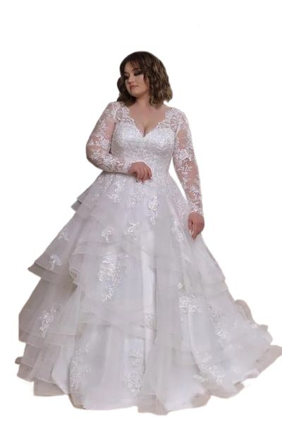 Vestidos de novia modestos de talla grande con manga larga de encaje completo con cuentas con cordones en la parte posterior falda vestido de novia vestidos de matrimonio