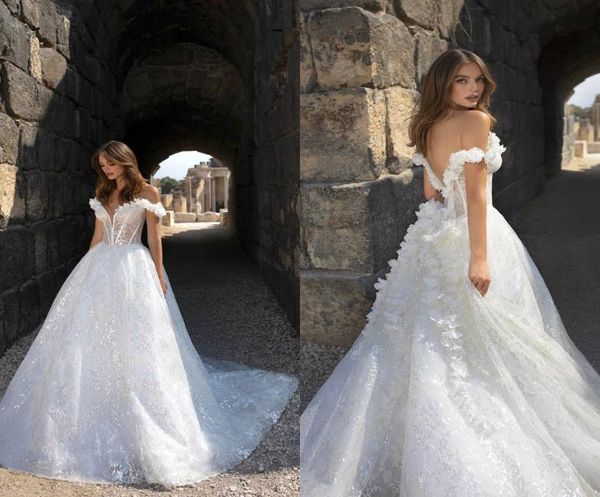 Modesto vestido de fiesta de Pnina Tornai con hombros descubiertos, sin mangas, sin espalda, flores hechas a mano, lentejuelas, vestidos de novia, vestido de novia, tren de barrido B8751701