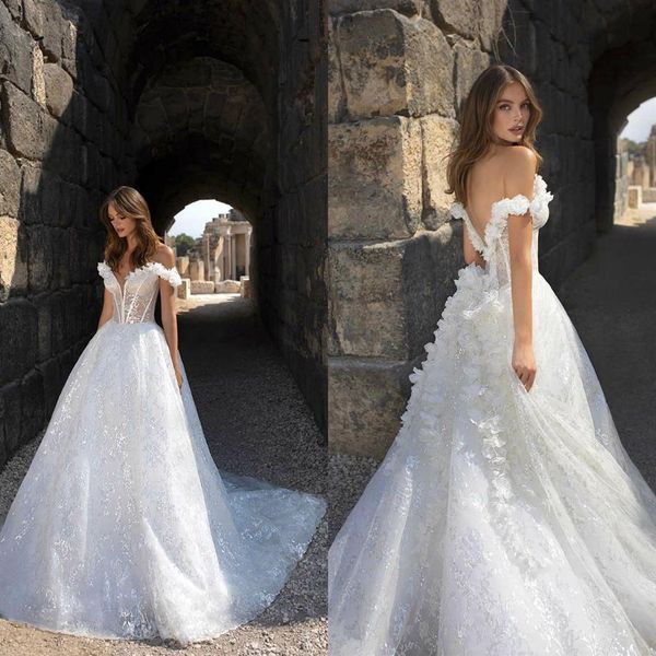 Modeste Pnina Tornai robe de bal hors épaule sans manches dos nu fait à la main fleur paillettes robes de mariée robe de mariée balayage train B237e