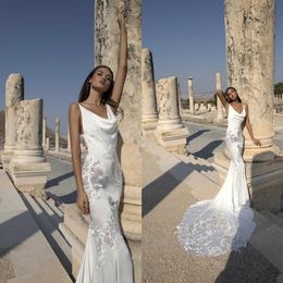 Bescheiden Pnina Tornai Eenvoudige Zeemeermin Trouwjurken Spaghetti Mouwloos Kant Applique Trouwjurk Sweep Trein robe de mariee3155