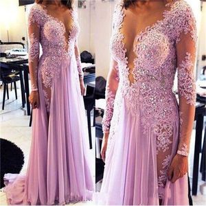 Sheer Cou Robes De Bal Perles Dentelle Appliques Scoop Plongeant Manches Longues Robes De Soirée Split En Mousseline De Soie Occasion Spéciale Robe Tenue De Soirée