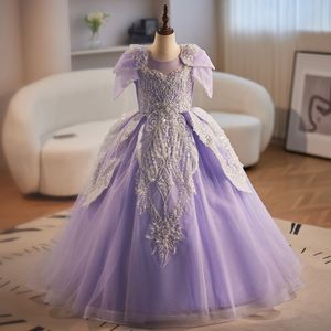 Modest Purple Flower Girls for Weddings Tulle Elastic Satin Floor Longueur Robe Robe Robes Kids Teens Pageant Vandes d'anniversaire Robe de fête de cuisine 403