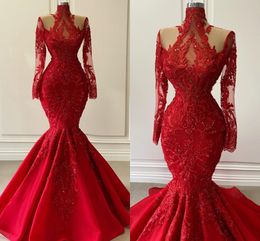 Bescheiden Rode Kant Mermaid Arabische Dubai Avondjurken Applicaties Beaded Long Prom Formele jurken Volledige mouwen 2022 Robe de Soirée