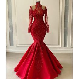 Modeste rode zeemeermin prom jurken applicaties kralen lange avondjurk op maat gemaakt met full mouwen formele feestjurk