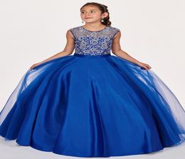 Robes de concours de filles bleu royal modeste 2022 col transparent dos creux robes de bal en satin perles paillettes robe de soirée de bal pour enfants fille 7157420