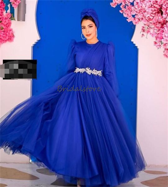 Robe de soirée musulmane bleu royal modeste avec col rond perlé à manches longues une ligne arabe Dubaï robes de bal élégante tenue de soirée formelle occasion spéciale dîner anniversaire