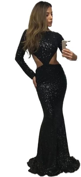 Modest Sexy Black Sequins Vestidos de baile Sirena Manga larga Noche formal Vestidos para ocasiones especiales Falda larga Lados recortados