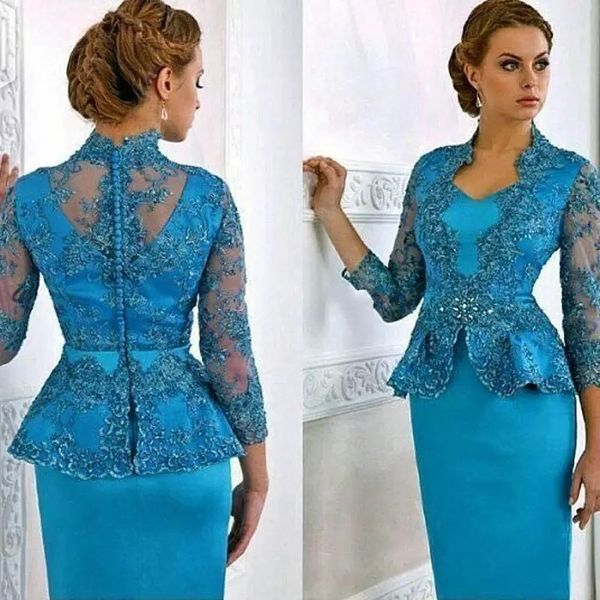 Modesto vestido de madre de la novia de encaje con mangas largas con cuello en V Vestidos de noche de peplum Longitud de té Vestido de invitados de boda de satén B0906