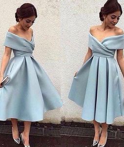 Bescheiden korte feestjurken uit de schouder thee-lengte satijn backless 2019 Arabische Dubai goedkope avondjurk Prom Cocktailjurken Custom Made