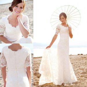Bescheiden korte mouwen trouwjurken met parels voor strandtuin elegante zeemeermin bruiden jurk goedkope kant landelijke bruidsjurken
