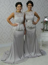 Bescheiden Sier Gray Mermaid Bridesmeisje jurken Bateau -halslijn kanten Appliques vloer lengte bruidsmeisje jurken Arabisch bruiloft gastenfeestjurk bc18890