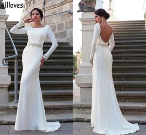 Robes de mariée sirène en satin simples et modestes avec manches longues, robes de mariée sexy à dos ouvert, style Boho, balayage de jardin, robes de plage à la mode CL1061