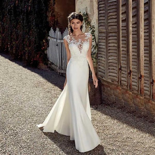 Modest Soft Satin Bateau Escote Sirena Vestidos de novia con apliques de encaje Vestido de novia transparente Illusion Back225l