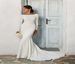 Robes de mariée sirène en crêpe extensible modeste avec manches longues col bateau couvert dos femmes robe de réception informelle à manches modestes6336566