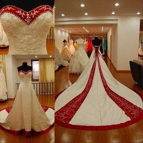 Modeste traditionnel rouge et blanc broderie plus taille robes de mariée sur mesure corset dos Novia chérie chapelle train robe de mariée