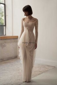 Bescheiden tule a line trouwjurken elegante bruidsjury ruche voor vrouwen van de schouder Backless bruidsreceptie jurken gewaad de mariee