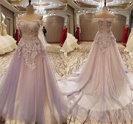 Bescheiden tule offtheshoulder halslijn aline prom -jurken met kanten appliques handgemaakte 3D -bloemen paarse avondjurken Vestidos9369828