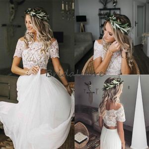 Modeste Deux Pièces Robes De Mariée Boho Crop Top Dentelle Bateau Décolleté En Mousseline De Soie Pays Robe De Mariée À Manches Courtes Bouton Retour Pas Cher B257L