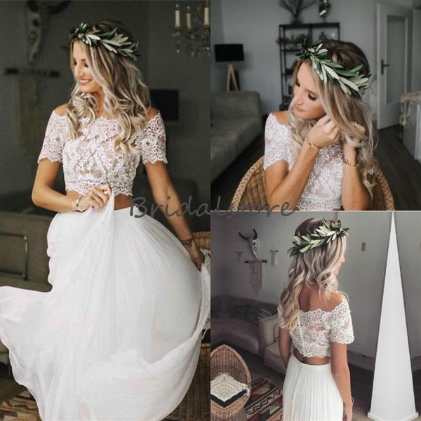 Robes de mariée modestes deux pièces Boho Crop Top dentelle Bateau décolleté en mousseline de soie pays robe de mariée à manches courtes bouton dos pas cher B319L