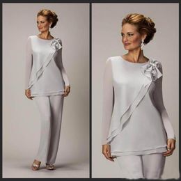 Modest Two Pieces Mother Of The Bride Pants Traje para bodas Cheap Chiffon Mother's Groom Pantsuits Long Sleeve Mothers Outf237V