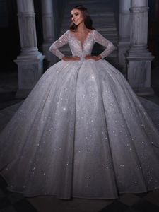 Bescheiden v-hals lange mouwen bruid jurk sprankelende pailletten trouwjurk 2024
