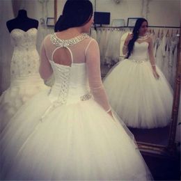 Bescheiden witte baljurk kristal plus size trouwjurken sexy backless vloerlengte tule bruidsjurk Vestios de novia 93 0510