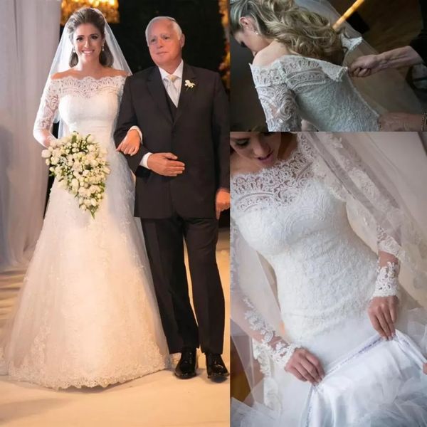 Modest White Ivory Off Boder Spaping Long Manches Lace A Line Bridal Robes Robes de mariée Roes Back avec bouton couvert Custom 303Q