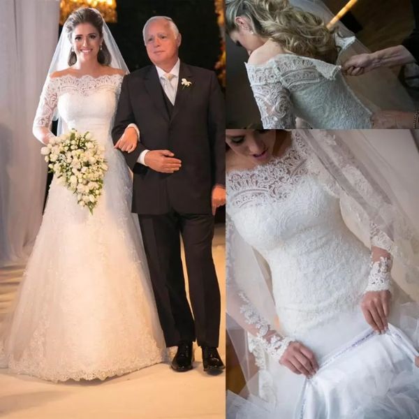 Modest White Ivory Off Boder Spaper Long Manches Lace A Line Bridal Robes Robes de mariée Roes Back avec bouton couvert Custom 234S