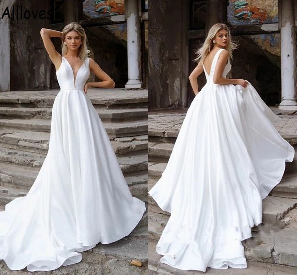 Modesto White Satin A Línea Vestidos de boda Vestidos de boda Sexy V Neck Singless Boho Garden Simple Bridal Vestidos barrido Trasa de talla de talla de talla de mariee Fashion Cl0834