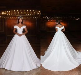 Robes de bal de mariage simples et modestes, épaules dénudées, grande taille, robes de mariée arabes de Dubaï, longue traîne à balayage, robe de deuxième réception pour robes de mariée CL3285