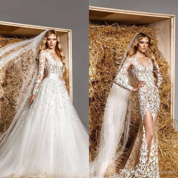 Bescheidene Zuhair Murad Brautkleider, abnehmbare Schleppe, A-Linie, lange Ärmel, Spitze, durchsichtiger Tüll, sexy, luxuriöse, transparente Brautkleider302d