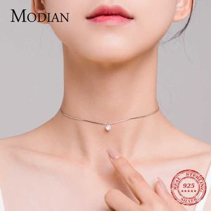 Modian 100% 925 Sterling Zilver Trendy Simple Clear CZ Choker Ketting Hanger Fashion Link Chain voor Dames Party Fijne Sieraden 210619