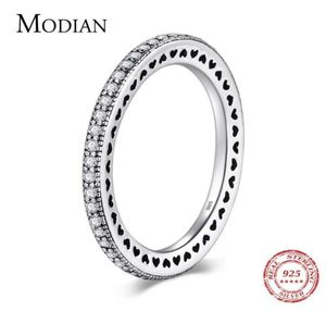 Modian Authentic 925 Sterling Silver Hearts Ring Clear CZ Fashion Stackable Vintage Classic Luxury For Women Engagement Gift9162842