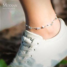 Modian Double Layer kralensterren Anklet voor vrouwen echte 925 Sterling Silver Foot Foot Leg Chain Link Fine Jewelry Gifts 240408