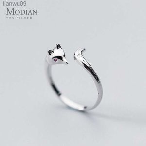 Modian, gran oferta, anillo de dedo de Animal bonito para mujer, cara de zorro pequeño, anillo de plata de ley 925 ajustable abierto, joyería fina de moda L230704