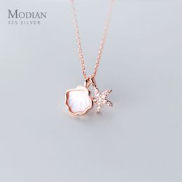 Modian réel 925 en argent sterling lien chaîne collier pour femmes brillant zircon étoile de mer coquille pendentif collier bijoux fins 2020 nouveau Q0531