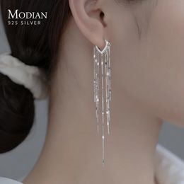 Modian Real 925 Silver Silver Long Pildel Sparkling Trendy Drop Orees Boucles pour les femmes Goucles d'oreilles enracine