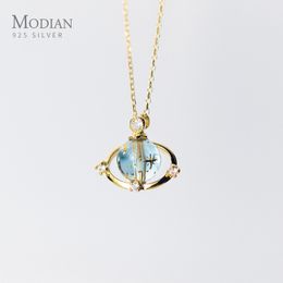 Modian Trendy Blue Crystal Planet Pendentif Collier pour Femmes 100% 925 Sterling Silver Fashion Link Chaîne Collier Fine Jewelry Q0531