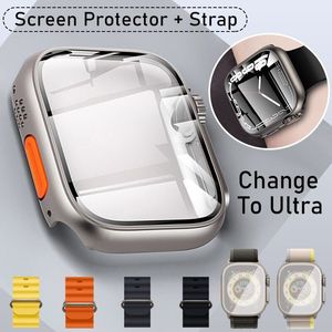 Modificatiekit Tempered Glass PC Kaste bandriem voor Apple Watch Series 8 7 6 5 4 SE Seconden Wijzig naar Apple Watch Ultra Full Protect Armor Cover 45mm 44 mm