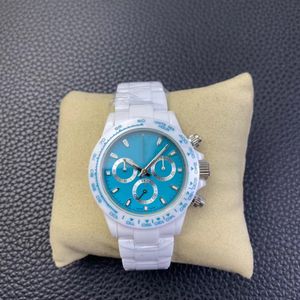 Gemodificeerd geheel witte keramische luxe horloge Dayt 4130 Mechanische beweging Ceramic 40mm 72-uur kinetische energieopslag Dif Blue Dial