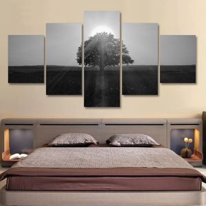 Lienzo en módulos, impresiones de alta definición, pósteres, decoración de pared para el hogar, imágenes artísticas, 5 piezas, pinturas de árboles temprano en la mañana en blanco y negro, sin marco