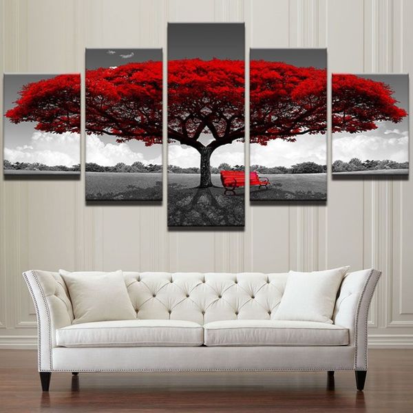 Toile modulaire HD, affiches imprimées, décoration de maison, images d'art murales, 5 pièces, peintures de paysage d'arbre rouge, sans cadre, 324j
