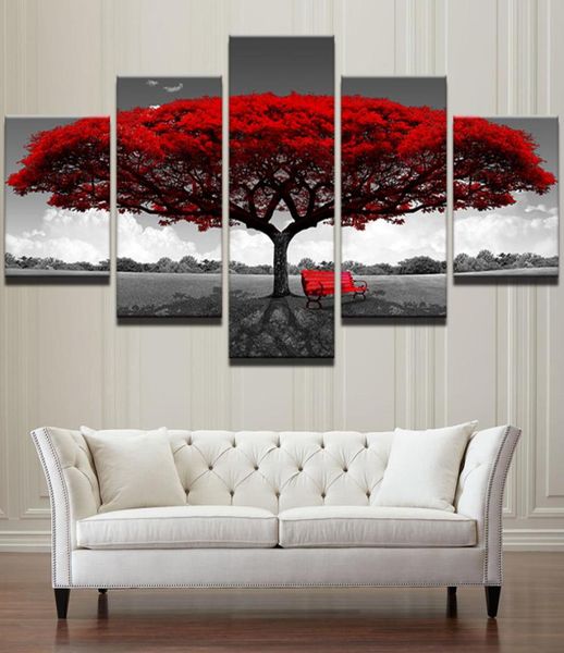 Modular Canvas HD Imprimés Affiches Home Decor Wall Art Pictures 5 pièces Red Tree Art Scèmes de paysage peintures Framework No Frame4942994